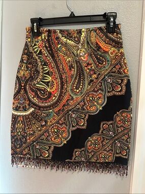 Vintage 90s Y2K Linda Segal Paisley Print Skirt Velvet Feel Beaded Fringe
